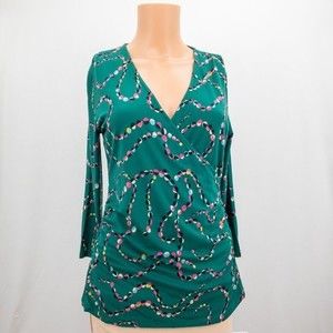Boden Womens Size 10P Faux Wrap Top 3/4 Sleeve Green w Polka Dots